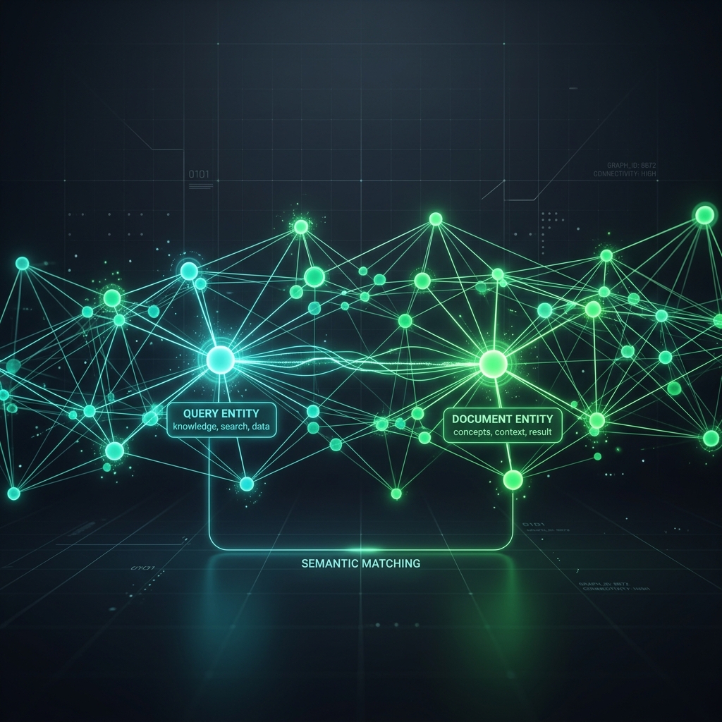 A network of connected nodes linking a query entity to a document entity, representing semantic product matching.
